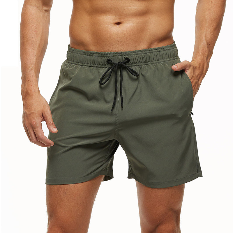 Men's Stretch Swim Trunks in olive green, perfect for beach activities and quick drying.
