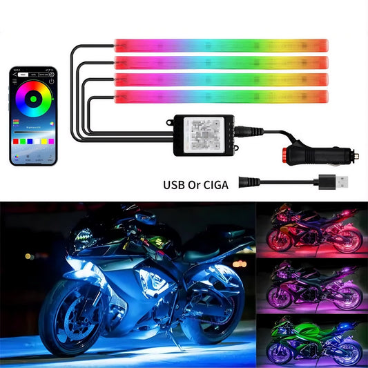 Motorcycle LED Light Strips showcasing vibrant RGB colors with a smartphone controller for custom lighting effects.