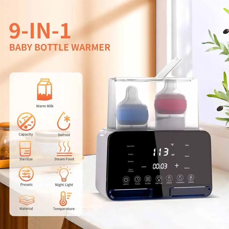 Digital Dual Baby Bottle Warmer with two bottles heating, featuring a digital display and multiple settings.
