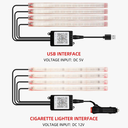 Motorcycle LED Light Strips showing USB and Cigarette Lighter interfaces for versatile installation options.