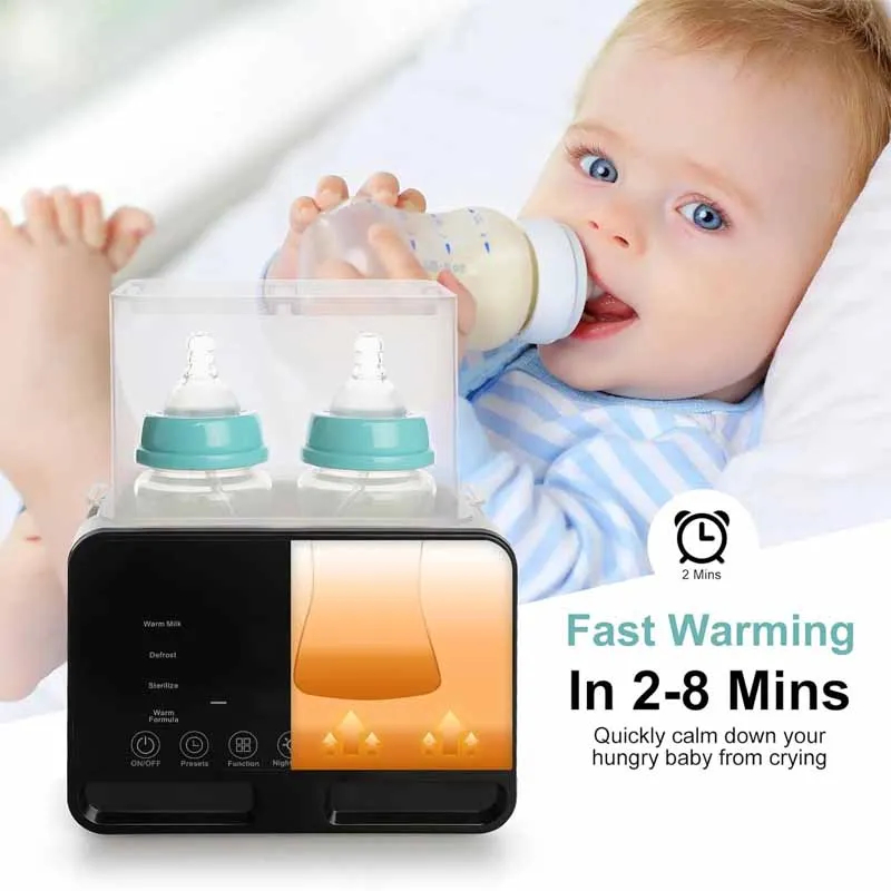 Digital Dual Baby Bottle Warmer with two bottles warming quickly in 2-8 mins, helping soothe a hungry baby.