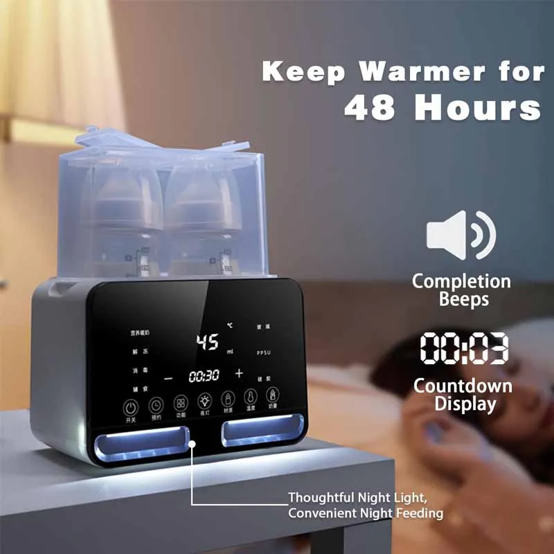 Digital Dual Baby Bottle Warmer with countdown display, designed for easy and efficient warming of two bottles simultaneously.