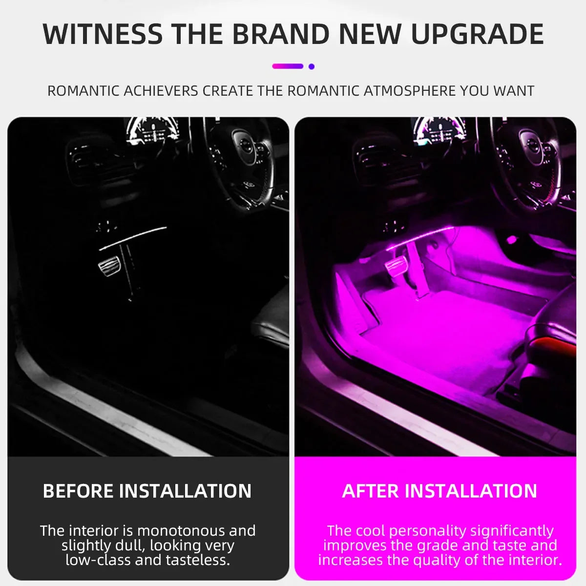 Before and after comparison of motorcycle LED Light Strips installation, showing improved interior lighting and atmosphere.
