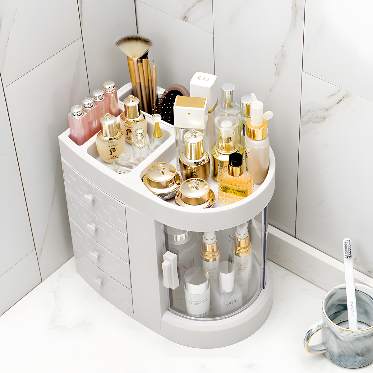 Rotating Makeup Organizer With Drawers for Cosmetics