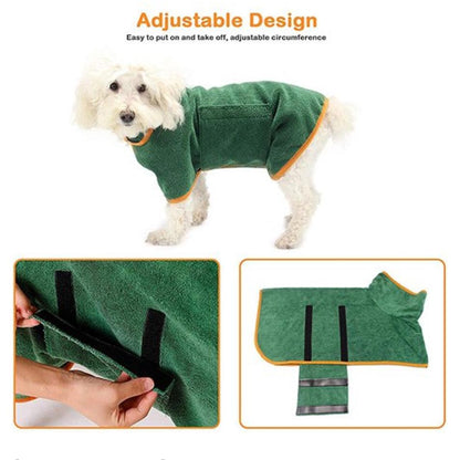 Dog Bathrobe in green color with adjustable design for easy wearing and moisture absorption after baths.