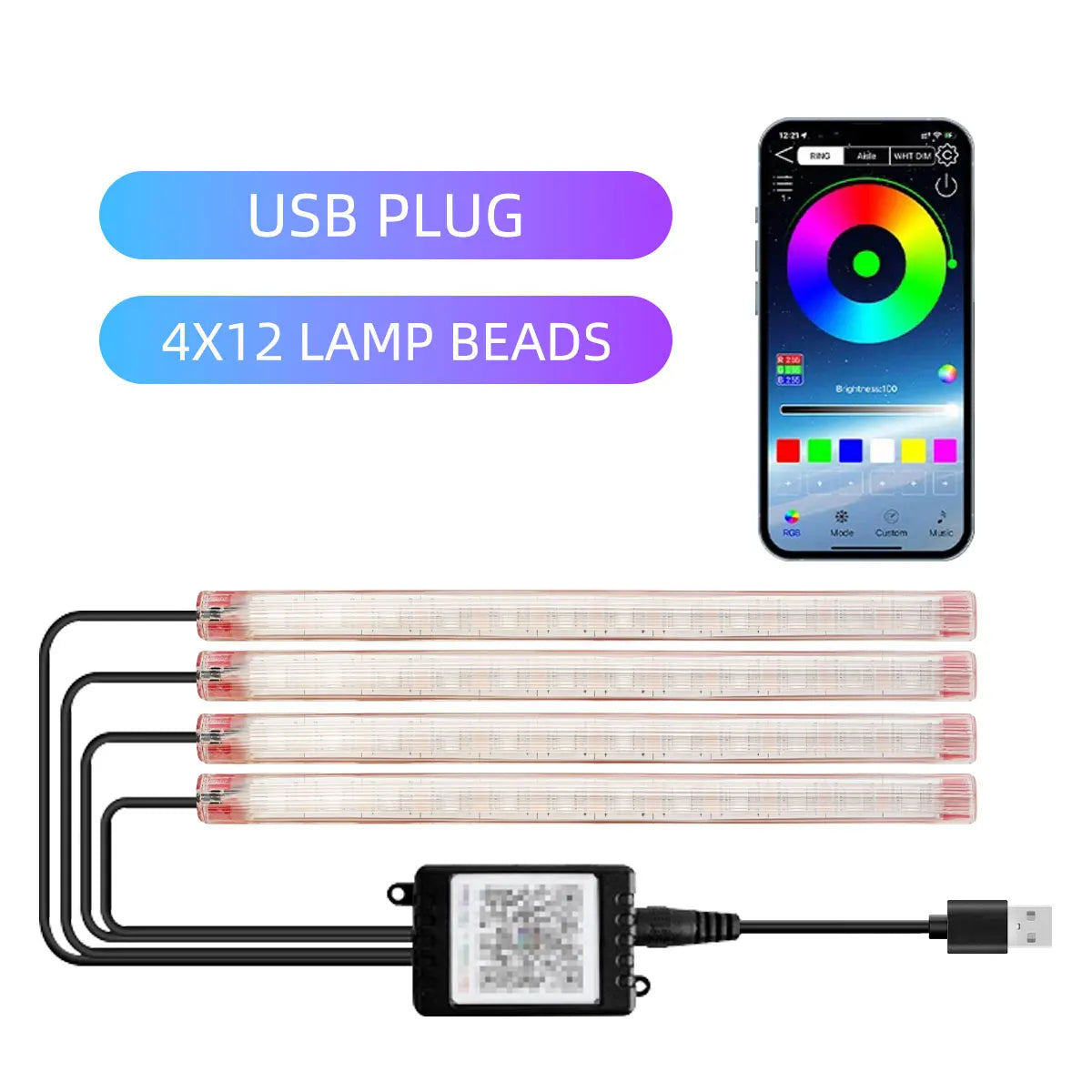 Motorcycle LED Light Strips with USB plug and smartphone controller for customizable RGB lighting.