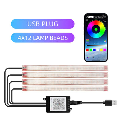 Motorcycle LED Light Strips with USB plug and smartphone controller for customizable RGB lighting.