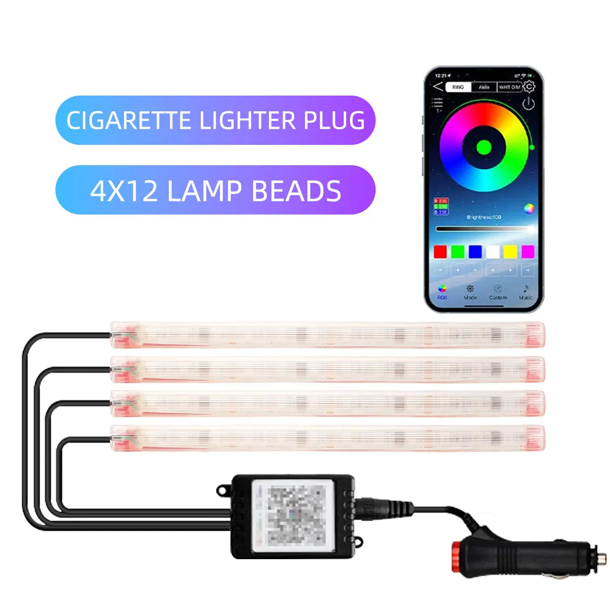 Motorcycle LED Light Strips with cigarette lighter plug and smartphone control for vibrant lighting effects.